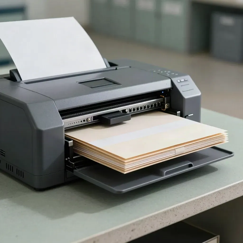 Graphite document scanner with archive trays, cables and folders in soft rainy dawn light.