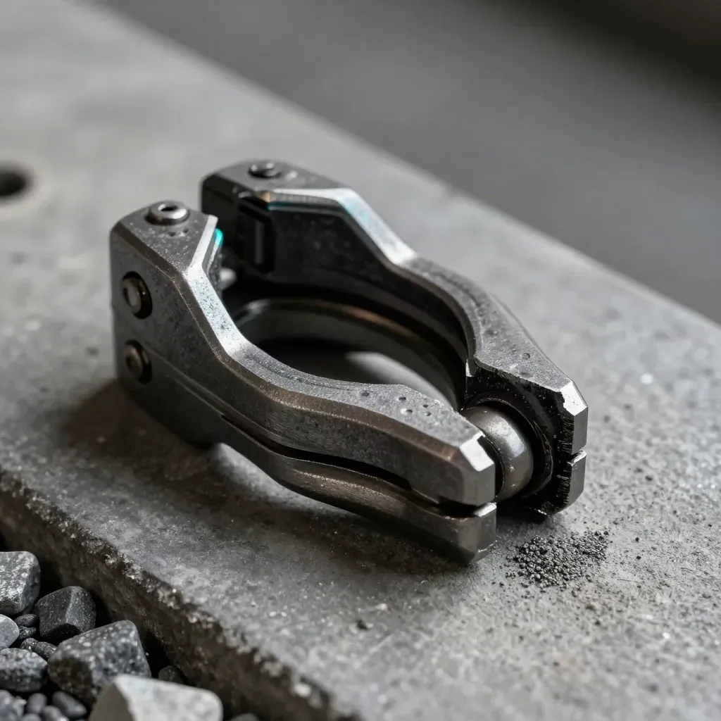 Macro rail clamp closing a spacer ring beside ballast stone on graphite concrete.