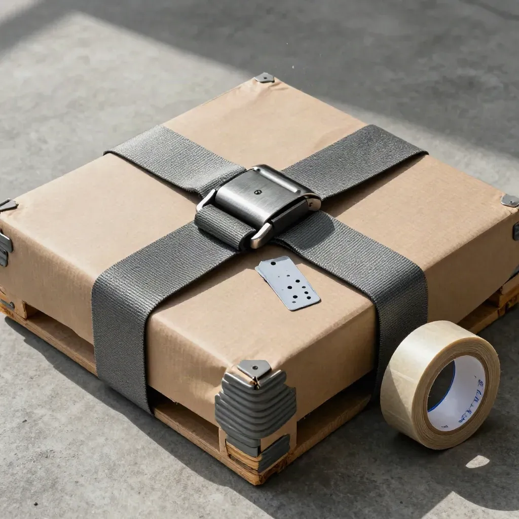 Overhead still life of shipping tags, strap buckle, corner protectors and packing tape.