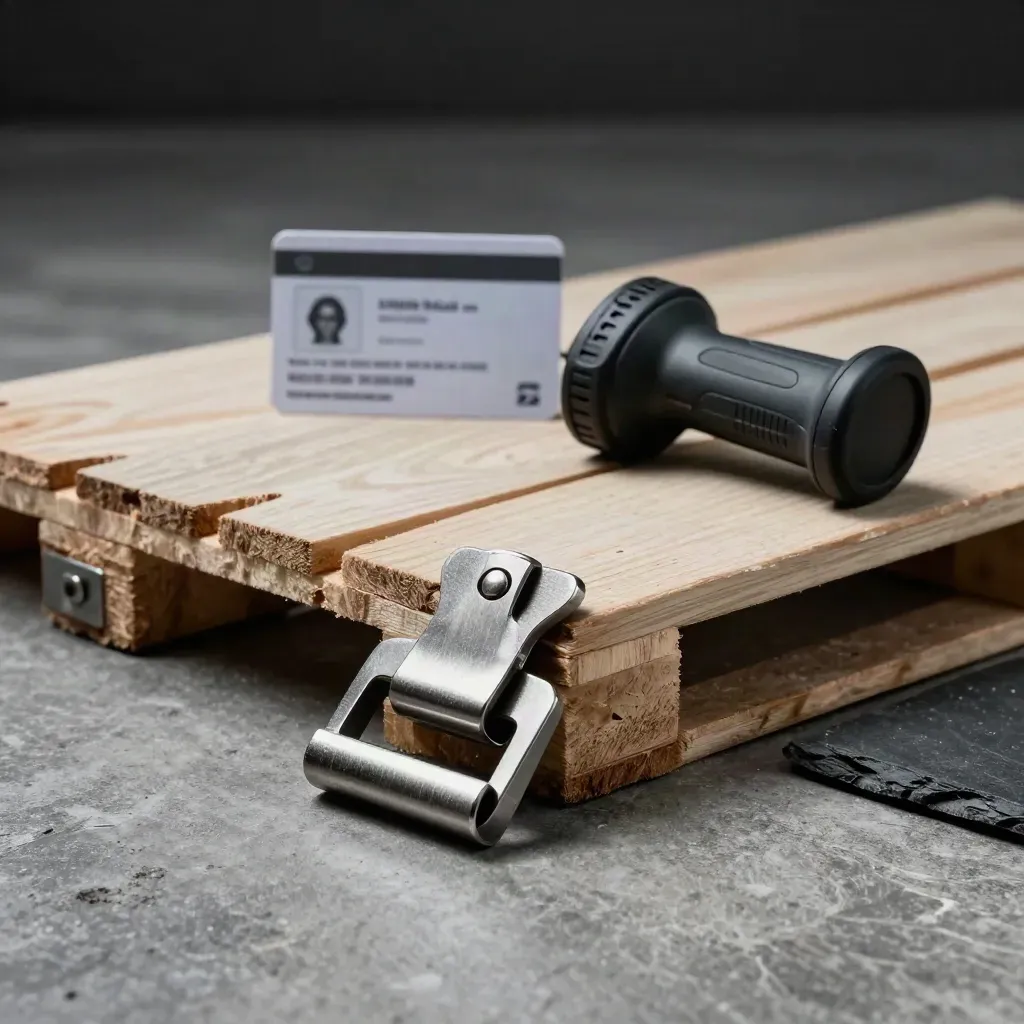 Dispatch tools on stone: strapping buckle, pallet board, crate spacer and scanner cradle in moody light.