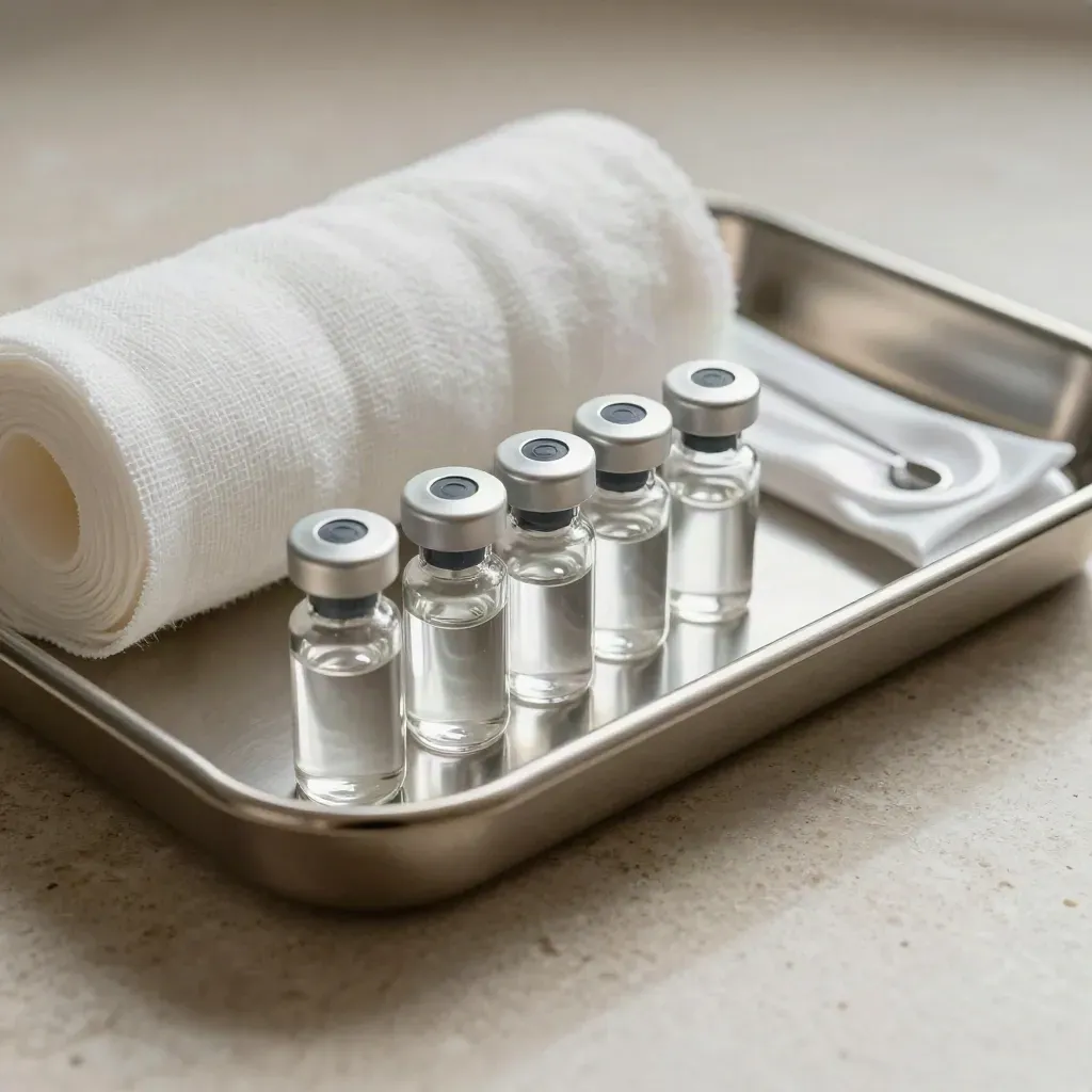 Clinical tray with ampoules, gauze rolls, and instrument rest on pale stone.