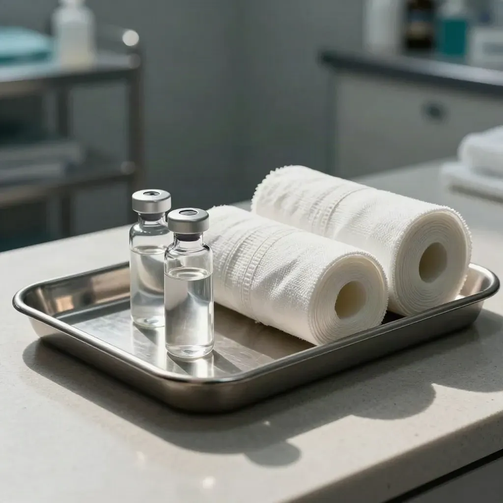 Sterile medical tray with saline vials, gauze rolls and folded cloth on a steel surface.