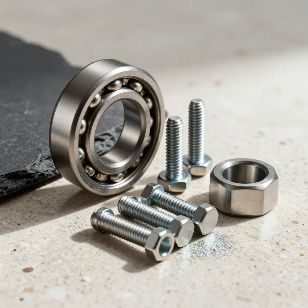 Top-down macro of bearing race, hex bolts and aluminium spacer on travertine stone.