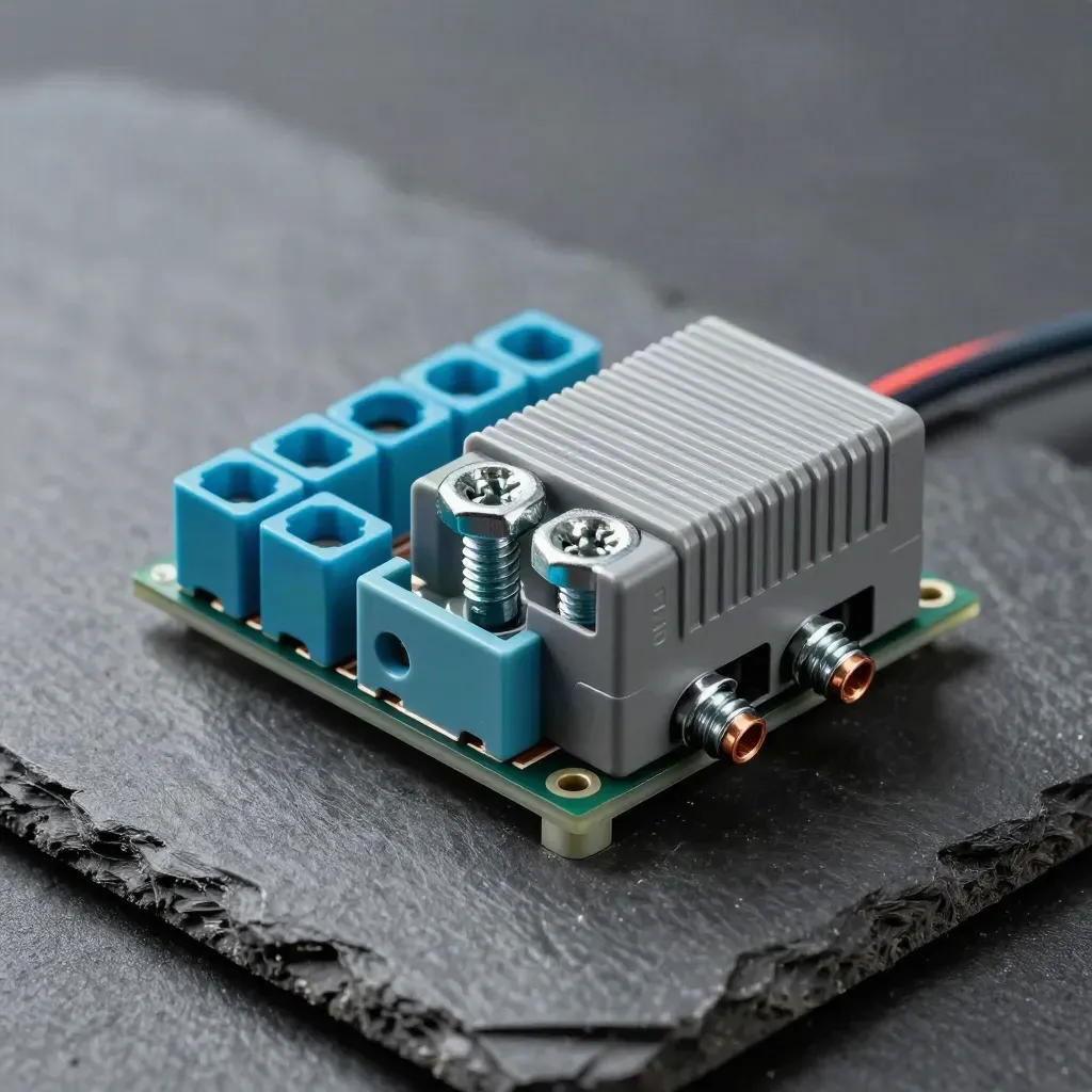 DIN-rail relay module with terminal block and two cable ferrules on a dark studio surface.