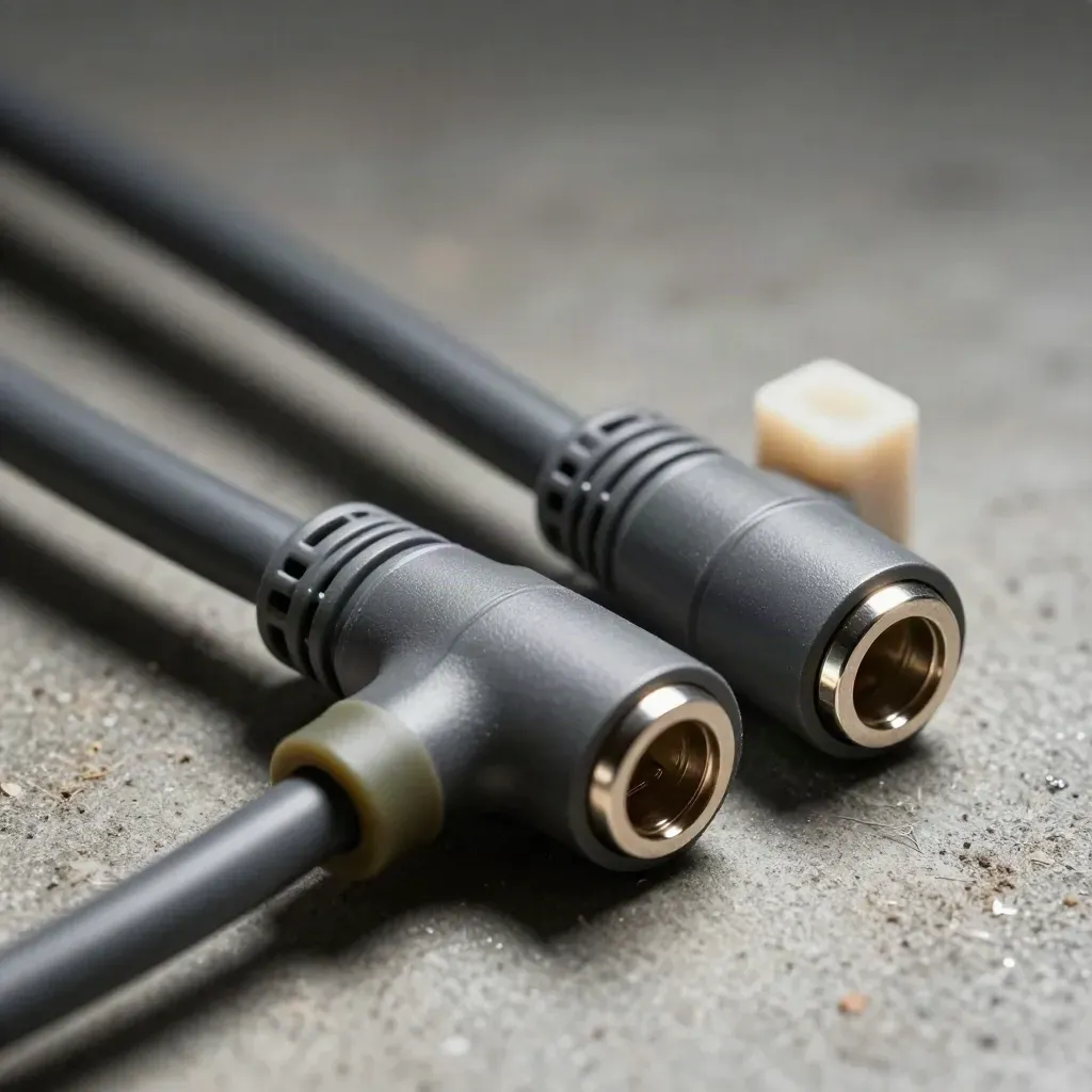 Cable guides, junction block and right-angle connectors arranged in a dramatic diagonal macro.