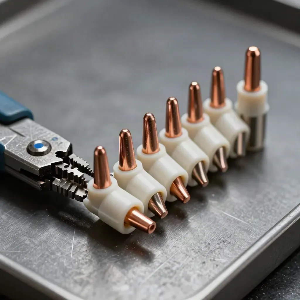 Top-down macro of crimp ferrules and an open crimp tool on a graphite work surface.