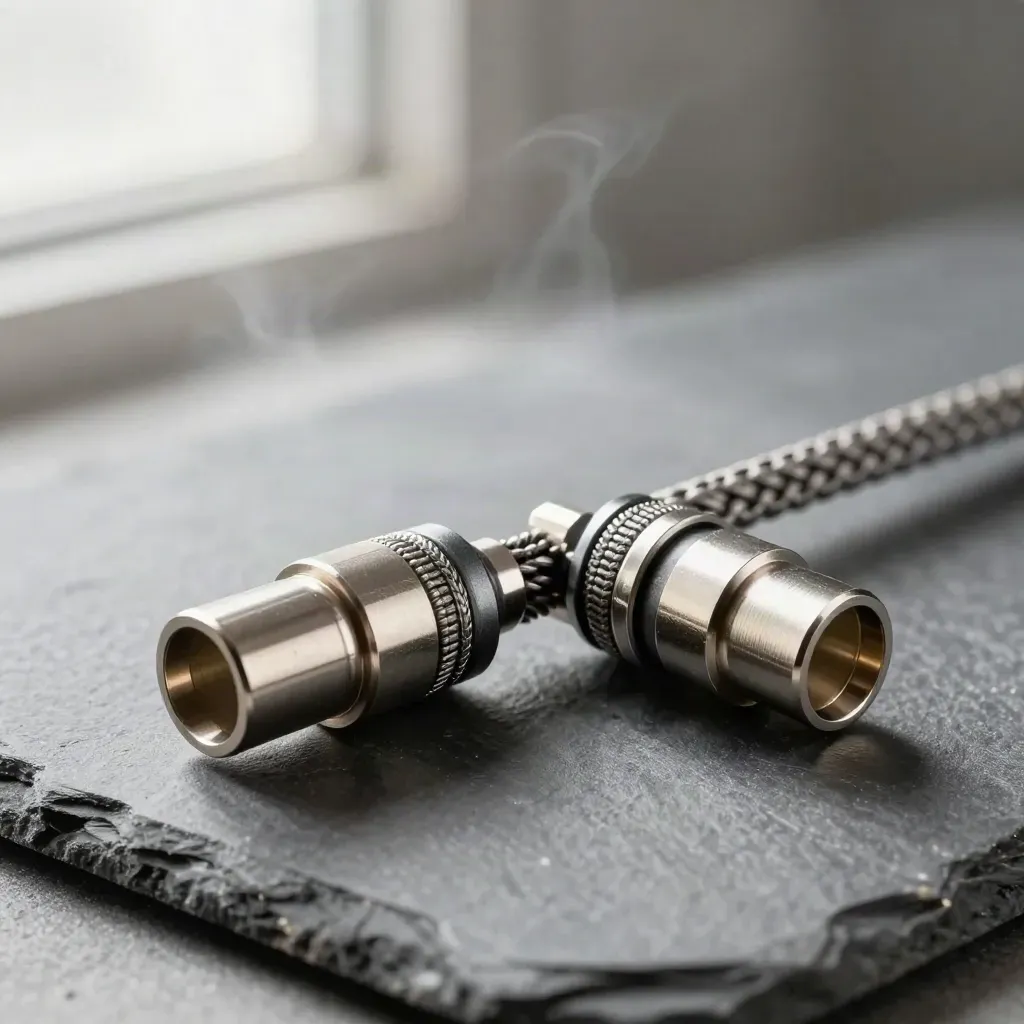 Braided connector ends bridge a gap beside adapter rings on a graphite stone surface.