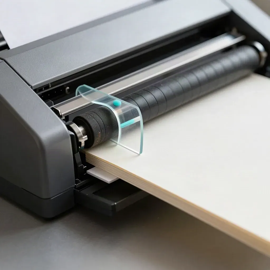 Side-on macro of scanner rollers feeding paper past a translucent guide on a graphite bench.