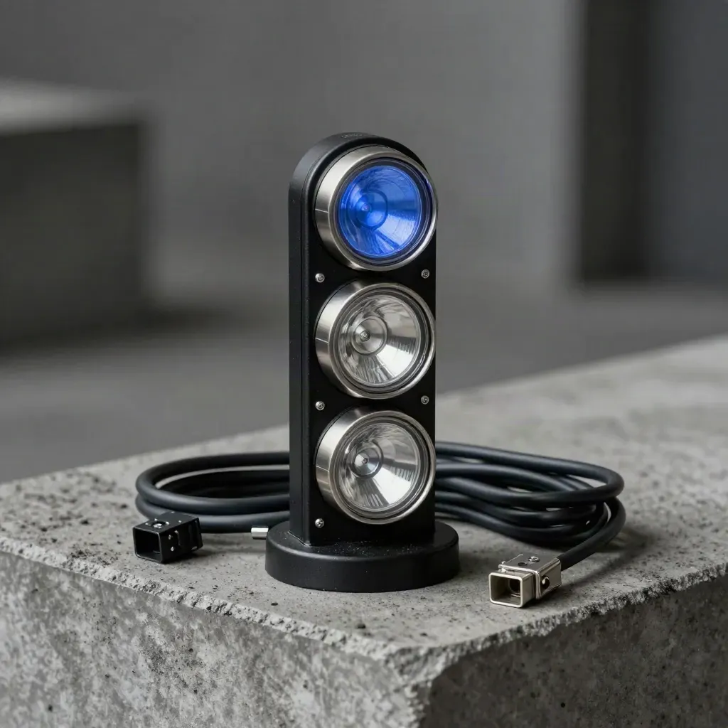 Stack light tower with cable and relay base on concrete, lit dramatically in a dark studio