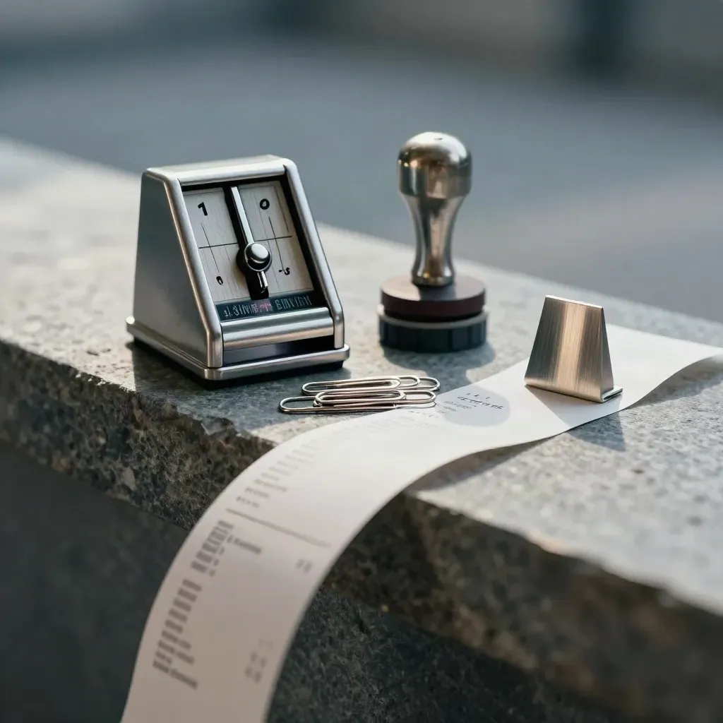 Finance tools for reconciliation: tally counter, approval stamp, paperclips, receipt spike.