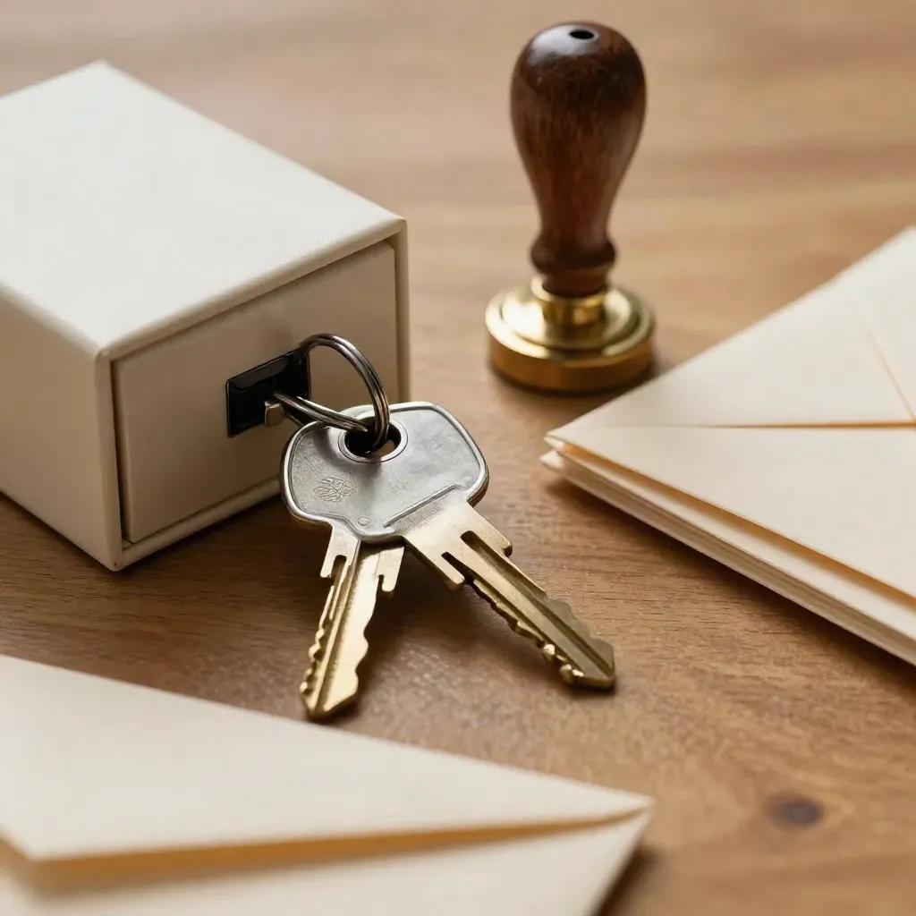 Cash keys, receipt box, seal stamp and sealed envelopes on warm oak.