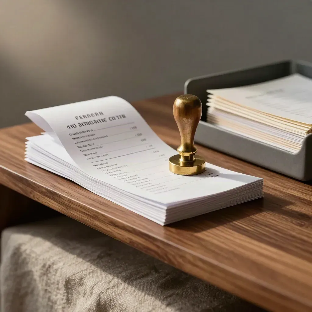 Invoice-check still life with receipt spike, brass seal stamp and paper tray on warm walnut.