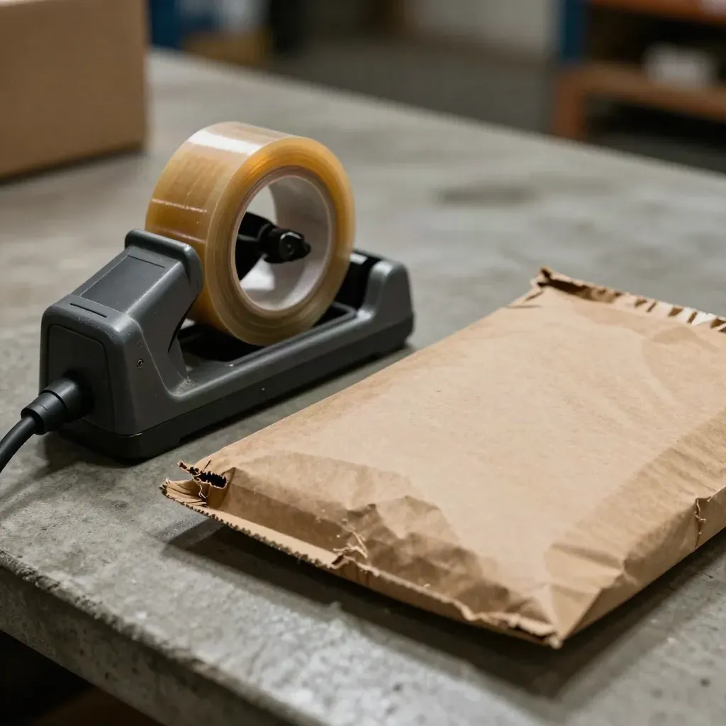Macro still life of barcode cradle, tape gun and kraft mailer on concrete in warehouse haze