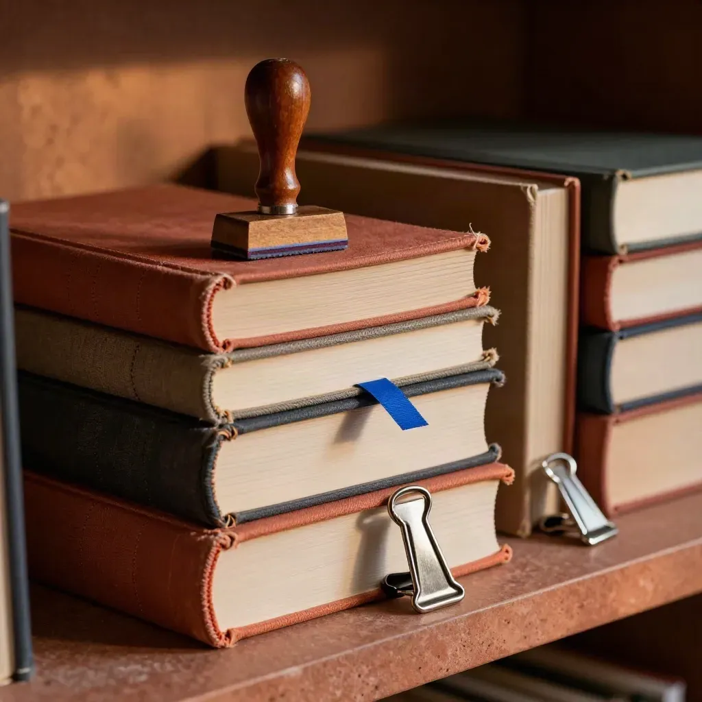 Ledger books, a rubber stamp and file clips in a warm archive close-up with blue ribbon accent