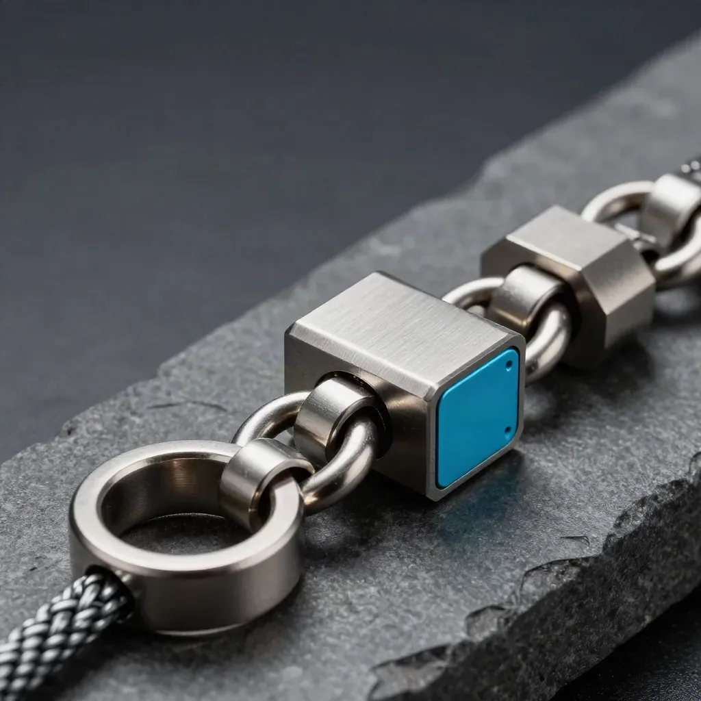 Machined rings, connector block and braided cable on dark stone under dramatic light.