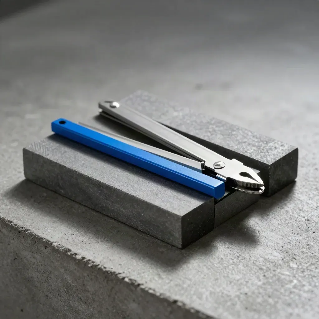 Modular grey blocks, card dividers and a blue-edged spacer on concrete