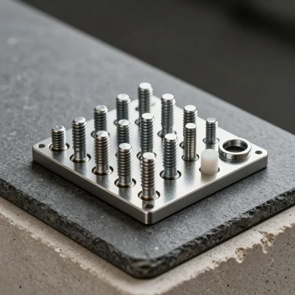 Top-down macro of metal coupler, dowel pins, and bracket plates on graphite stone