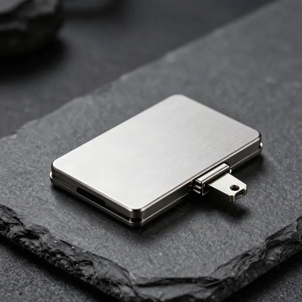 Metal card-reader shell, precision plug and spring latch in a dramatic studio still life.