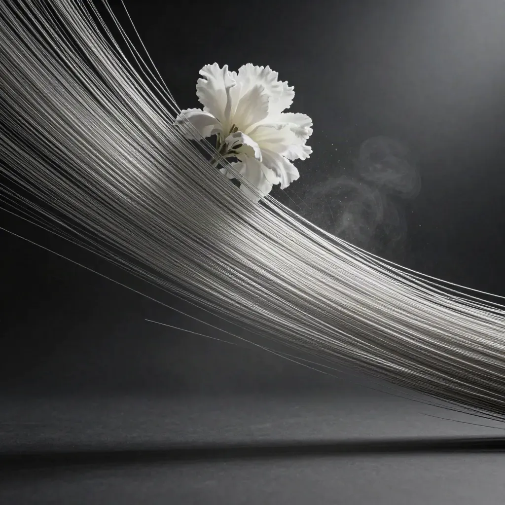 Silver filaments converge into a soft white bloom in dark graphite haze with calm empty space below.
